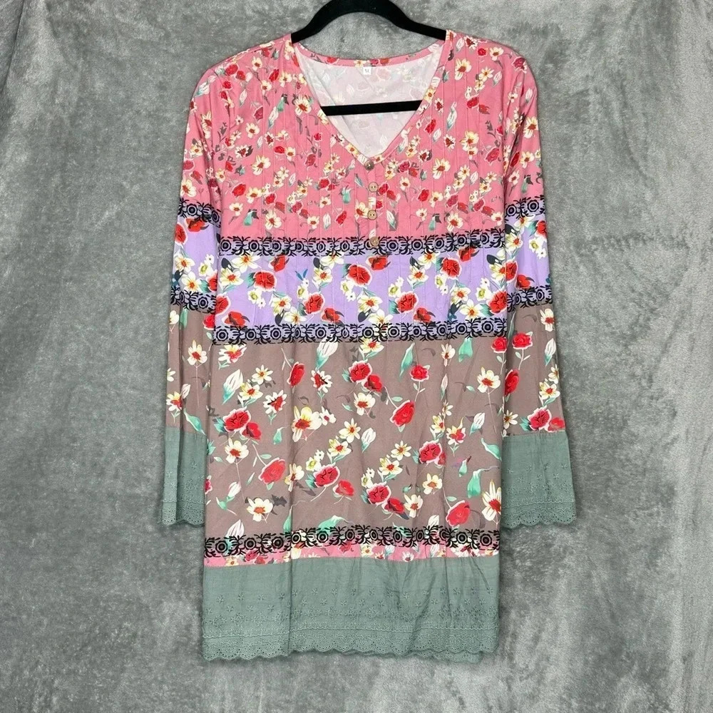 Amazon XL Shirt Top Pink Brown Floral Flower Striped Long Sleeve V Neck Womens
